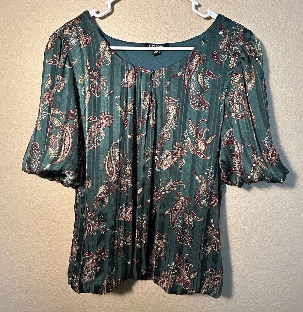 Roz & Ali Women’s XL Teal Paisley Blouse 3/4 Sleeve Lined Top Boho Flowy